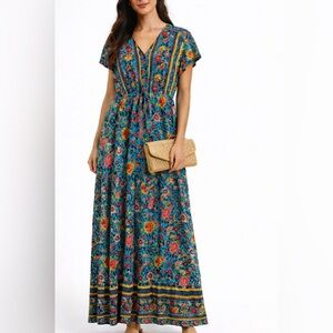 Temofon Maxi Dress Turquoise Aqua Yellow Pink Floral Print Ruffle Peasant Large